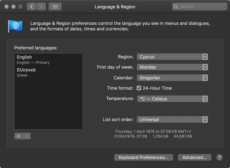 Language & Region settings page has Greek under preferred languages